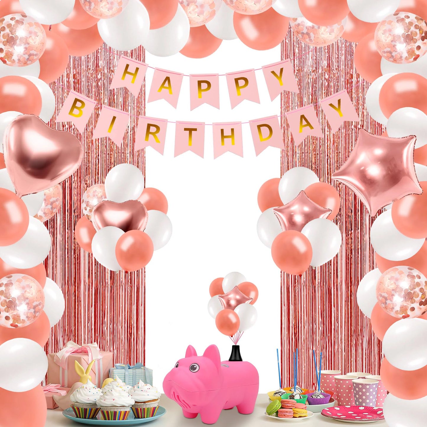 Rose Gold Birthday Decorations With Electric Balloon Pump, Happy Birthday Decorations for Women Girls, Birthday Party Decorations Kit Balloon Garland Kit Decoracion de Cumpleaños Para Mujer