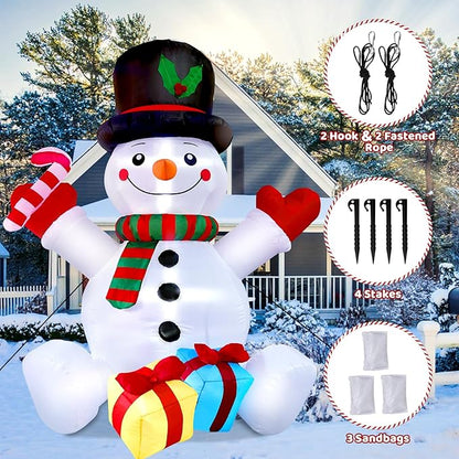 6FT Snowman Inflatable Present & Snowman Christmas Decorations with LED Lights Christmas Blow Up for Indoor Outdoor Yard Decoration