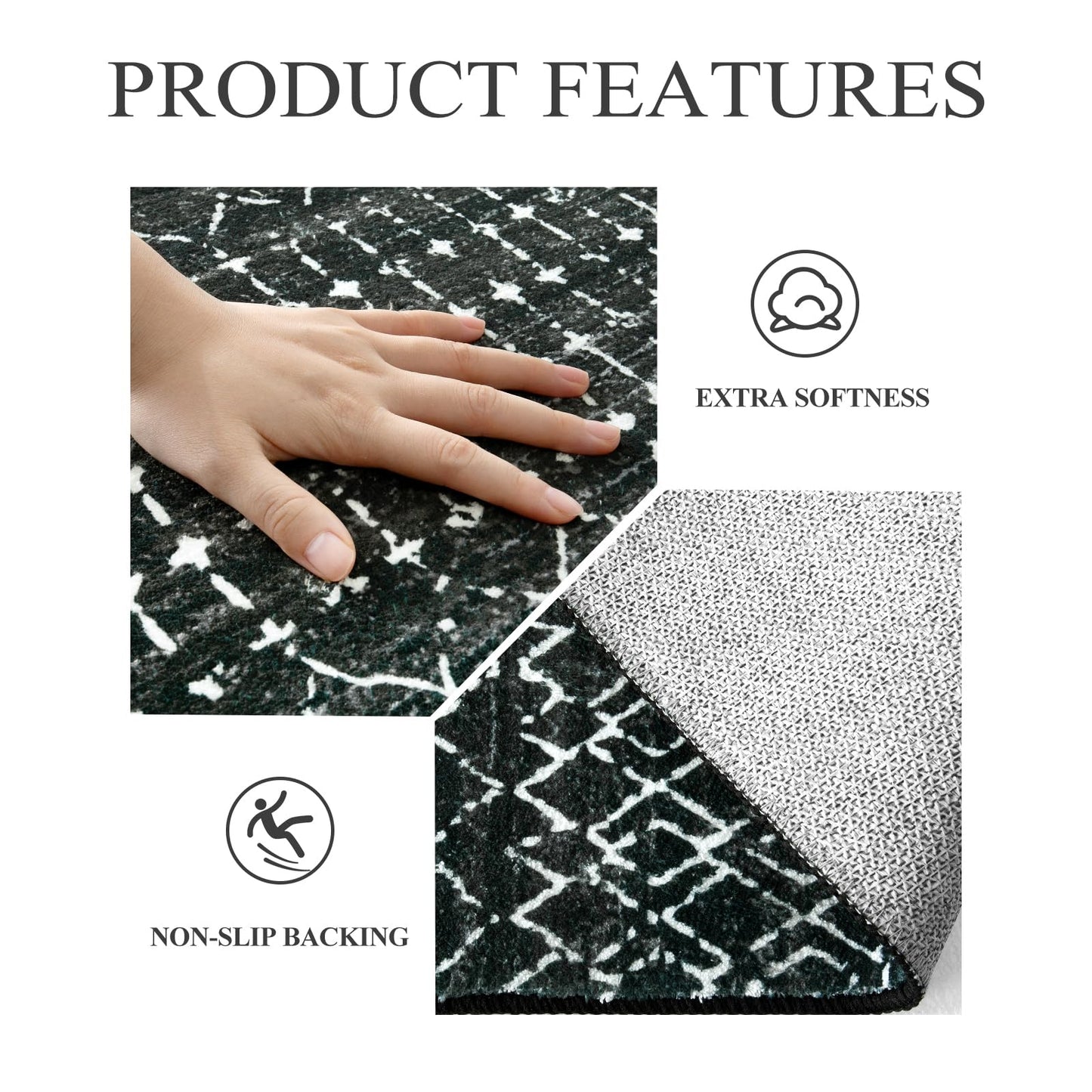 Lahome Moroccan Black Long Runner Washable Hallway Rug, Ultra-Thin Non Slip Kitchen Runner, Soft Modern Print Indoor Floor Carpet for Entryway Stair (Black, 2'5''x12'') Hana