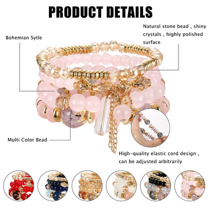 FIBO STEEL 6 Sets Bohemian Stackable Bead Bracelets for Women Stretch Multilayered Bracelet Set Multicolor Jewelry,Big Beads Elegant Style