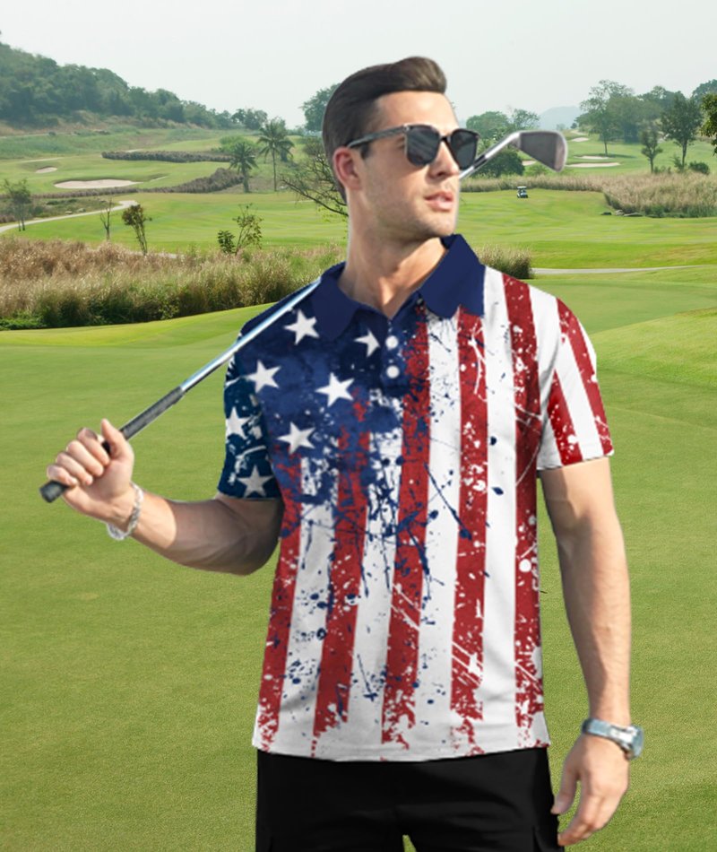 ZITY Men's Flag Golf Polo Shirts Short Sleeve Tactical Collared Shirt Men Outdoor Moisture Wicking Shirts Wine Red Medium