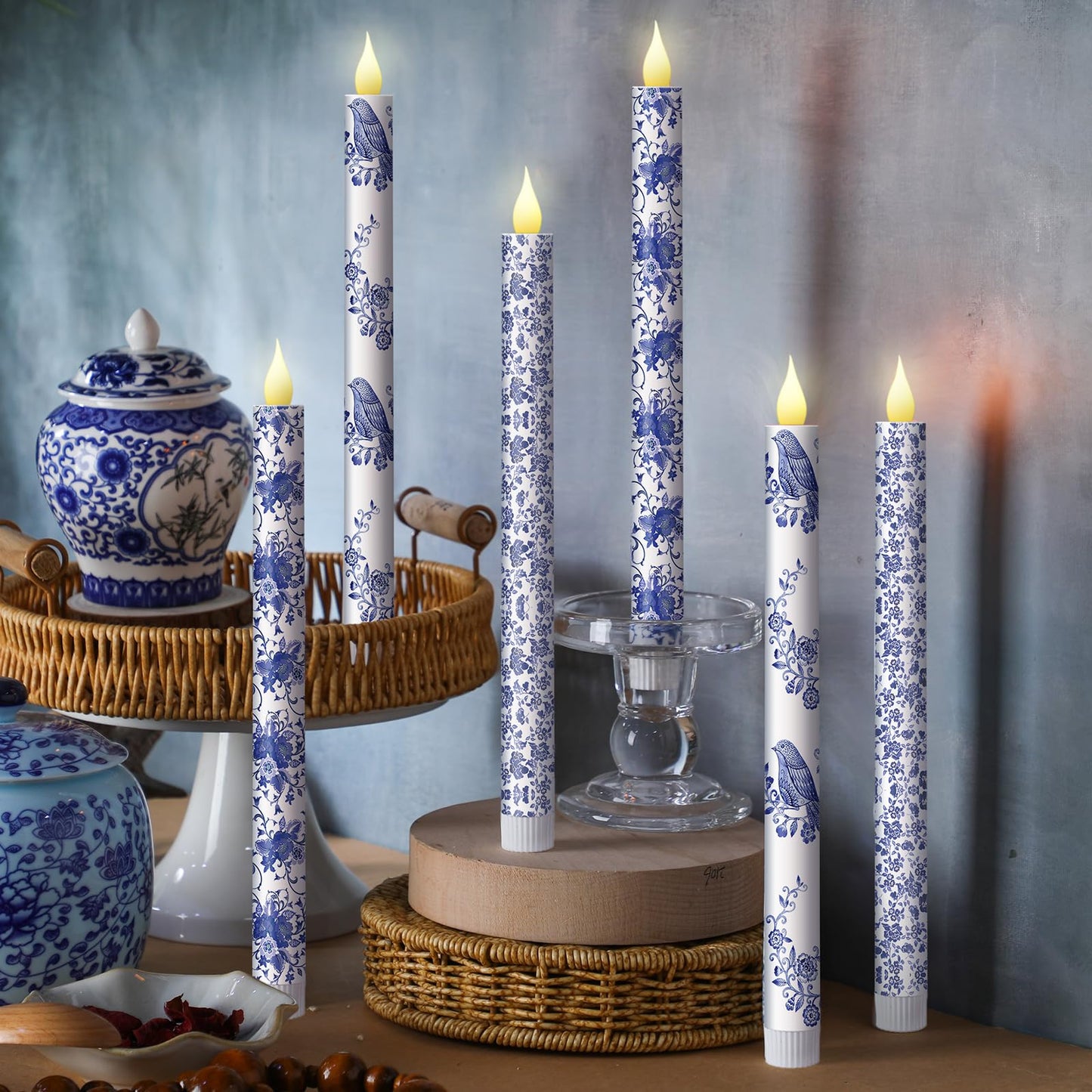 Baquler 6 Pcs Chinoiserie Flameless Candles Coastal Chinoiserie Bird Home Decor 10.6 Inch Blue and White Battery Operated LED Candlesticks for Holiday Wedding Party Summer Table Centerpiece