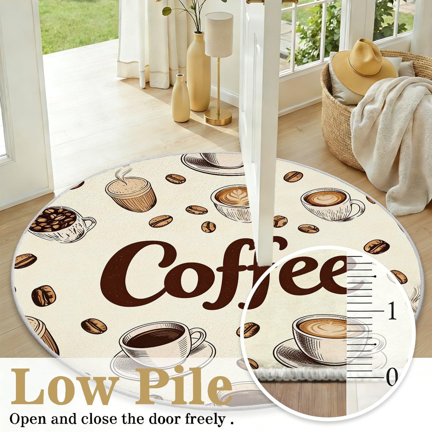 Egljss 4ft Round Rug, Coffee Bean Circle Area Rug for Living Room, Coffee Cup Round Carpet for Bedroom, Brown Farmhouse Circle Washable Rugs for Dining Table, Rugs Non Slip Kitchen