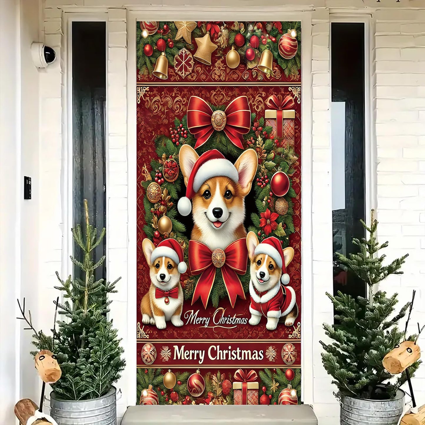 Saoplasa Christmas Corgi Door Cover Decoration 71 x 35 Inch Red Festive Banner with Cute Santa Dog Design and Holiday Wreath for Merry Christmas Wall Decor Party Welcome Backdrop Sign