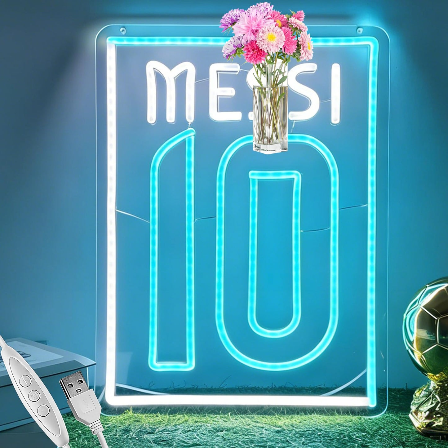 Number 10 Soccer Neon Sign, Cool Dimmable Light Up Argentina Soccer Star Hanging USB Powered for Wall Decor, Man Cave, Bedroom, Bar, Game Room, Garage Deco, Birthday Christmas Merch Gift for Boys Fans (Messy)