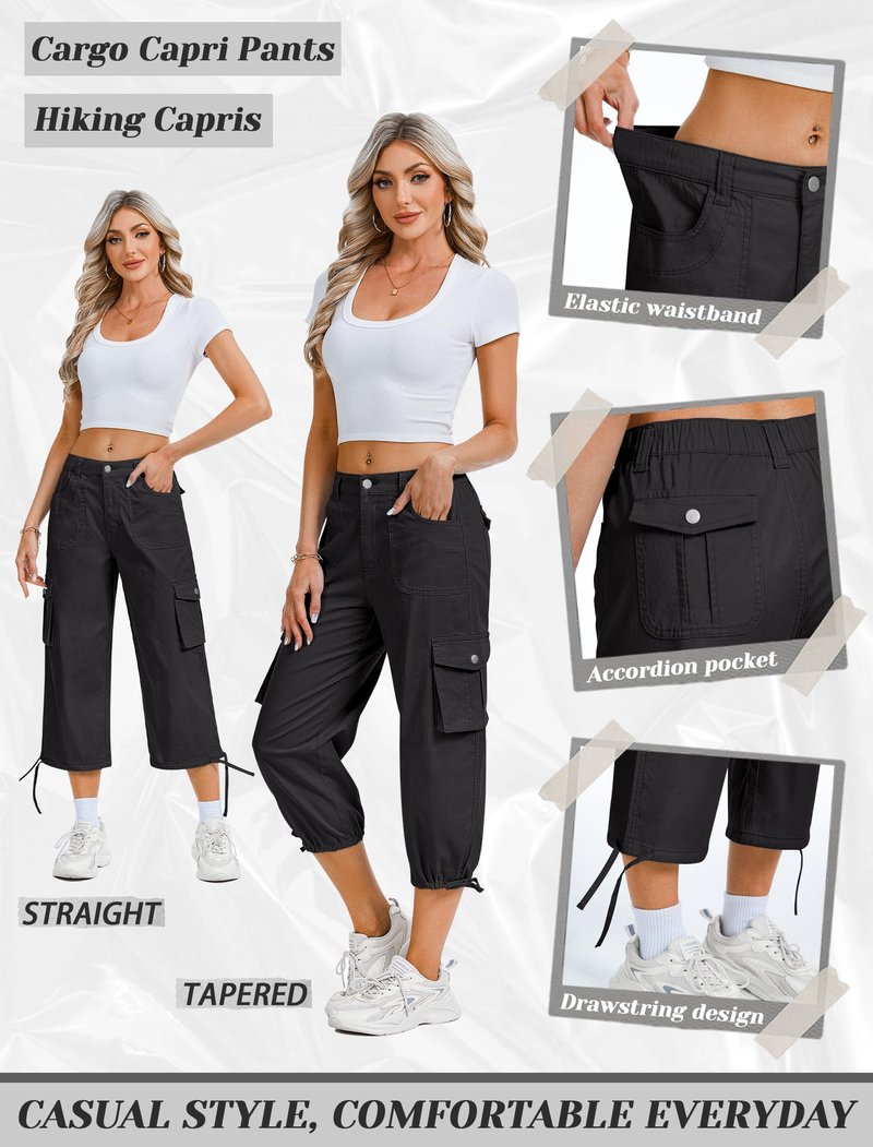 Eddoyee Cargo Capris for Women Cotton Hiking Pants with 6 Pockets Elastic High Waist Casual Summer Pants Black