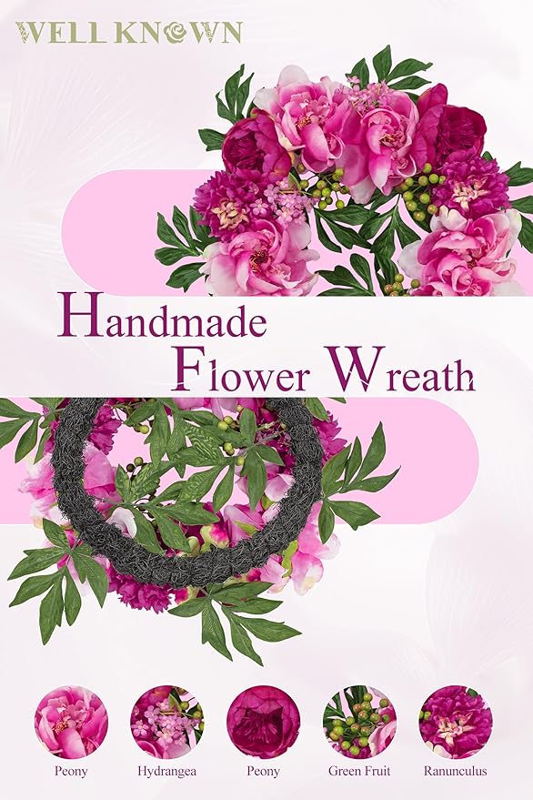 WELL KNOWN Spring Wreaths for Front Door, Peony Wreath for Front Door, Porch Outside Indoor, Wall Window Farmhouse Party Holiday Home Decor(Fuchsia)