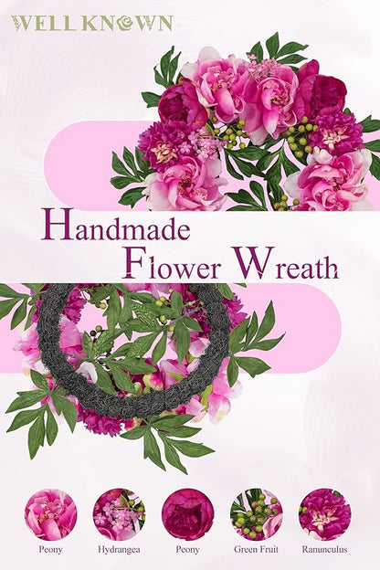 WELL KNOWN Spring Wreaths for Front Door, Peony Wreath for Front Door, Porch Outside Indoor, Wall Window Farmhouse Party Holiday Home Decor(Fuchsia)