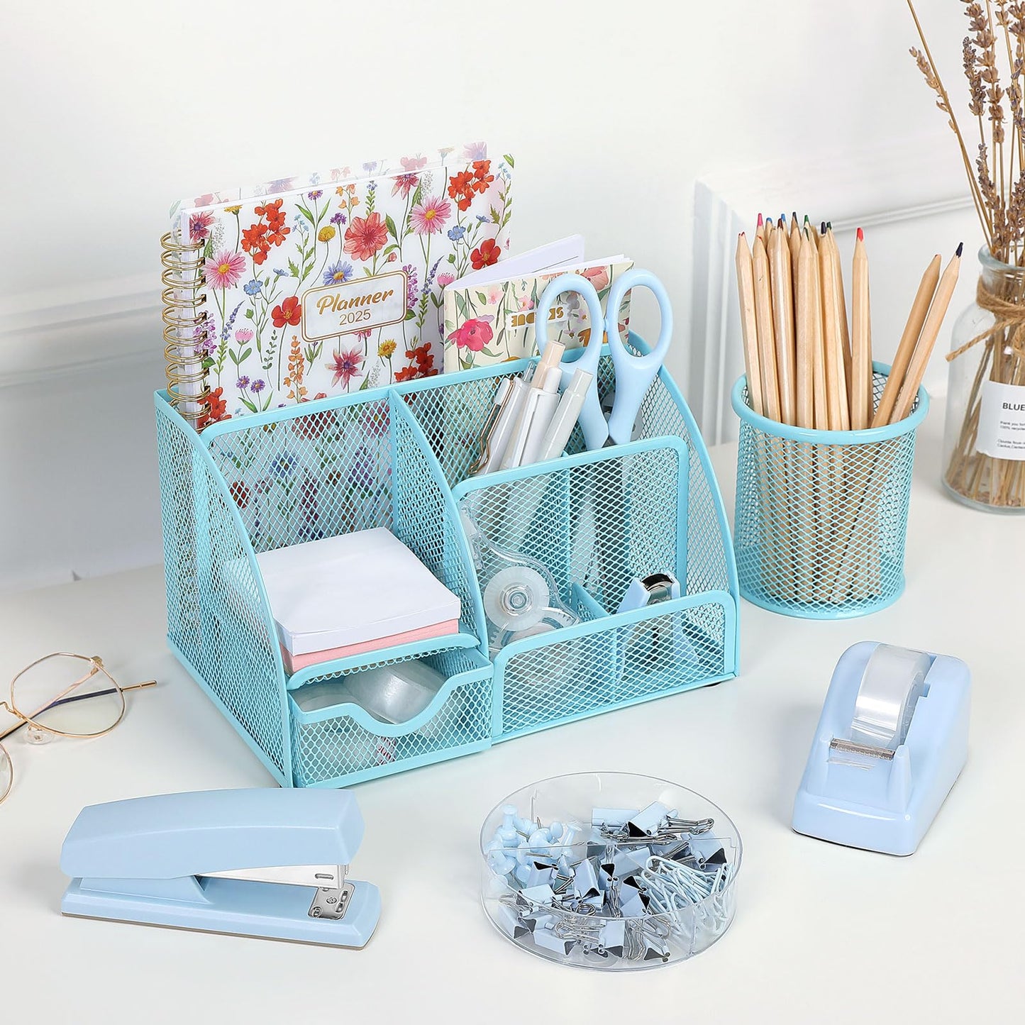 SKYDUE Blue Office Supplies Set, Office Desk Accessories, Mesh Desk Organizer, Stapler, Tape Dispenser, Scissors, Binder/Paper Clips and 1000pcs Staples, Office Supplies for Teacher