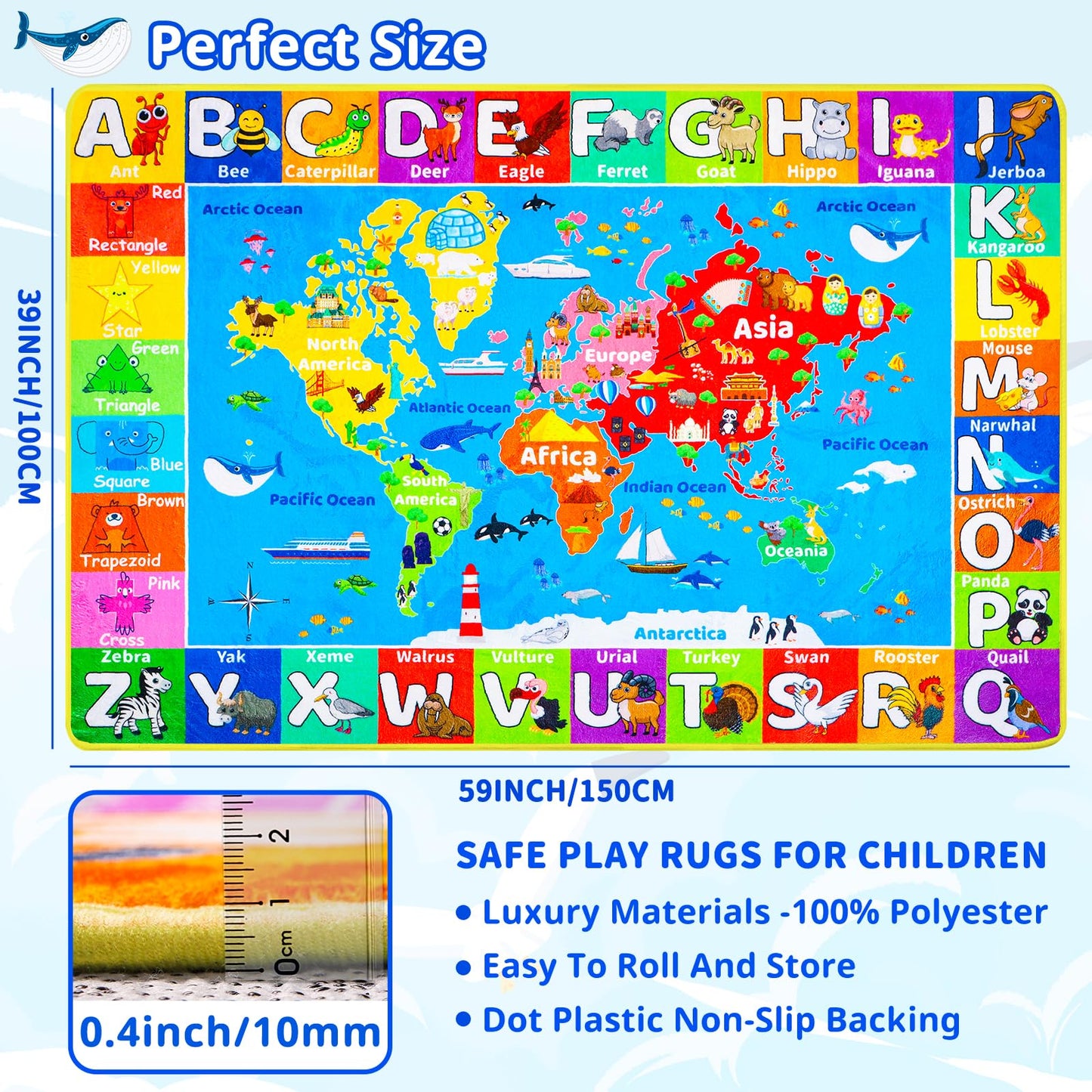World Map ABC Kid Rug for Playroom Geography 59"×39.4" Classroom Play Carpet Educational Baby Playmat Alphabet Mat for Primary School Fluffy Ployester Non-Slip Preschool Rug for Nursery Room