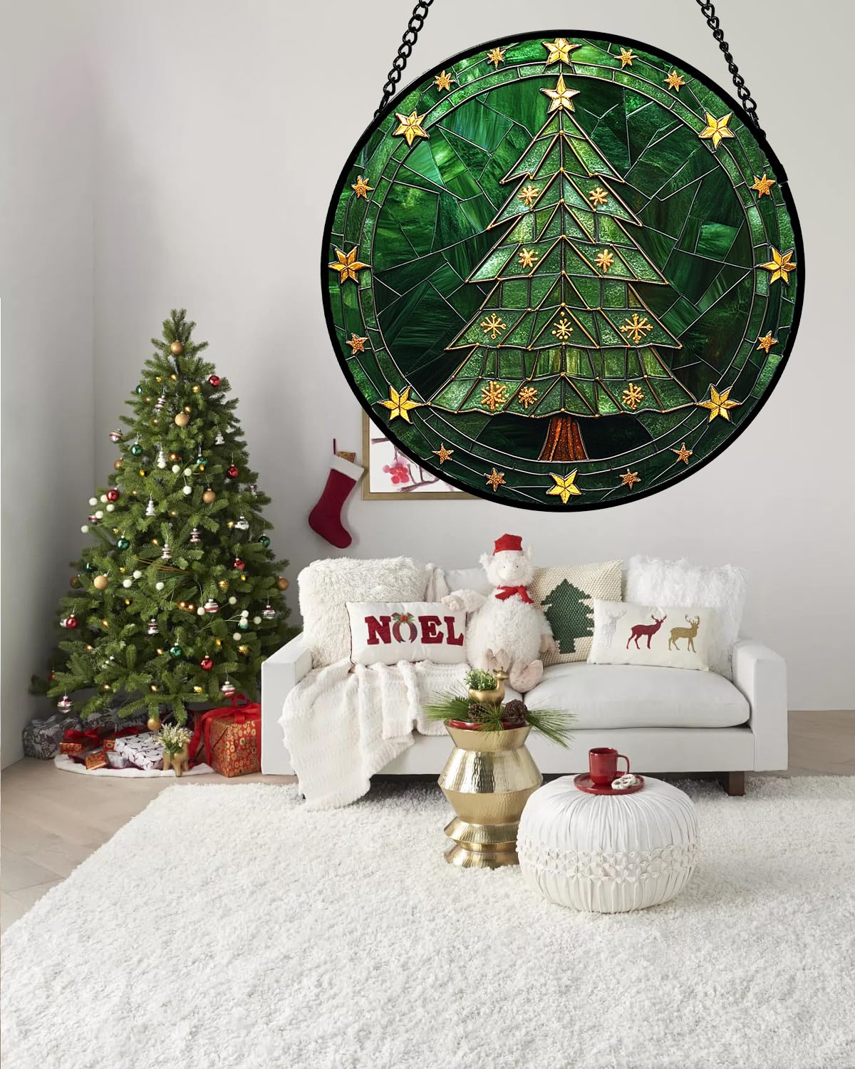 Stained Glass Window Hanging - Green Christmas Tree with Golden Stars Suncatcher for Doors Home Christmas Decoration Sun Catcher Thanksgiving New Year Birthday Gifts for Women Men Mom Nana 11.8 in