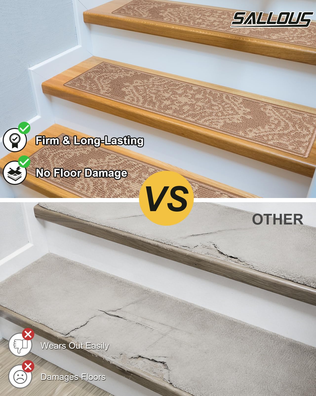 SALLOUS Soft Carpet Stair Treads for Wooden Steps, 15 Pack 8"x30" Non Slip Washable Stair Runners for Indoor Stairs, Quiet & Comfortable Peel and Stick Stair Mats for Kids, Dogs & Elderly (Yellow)