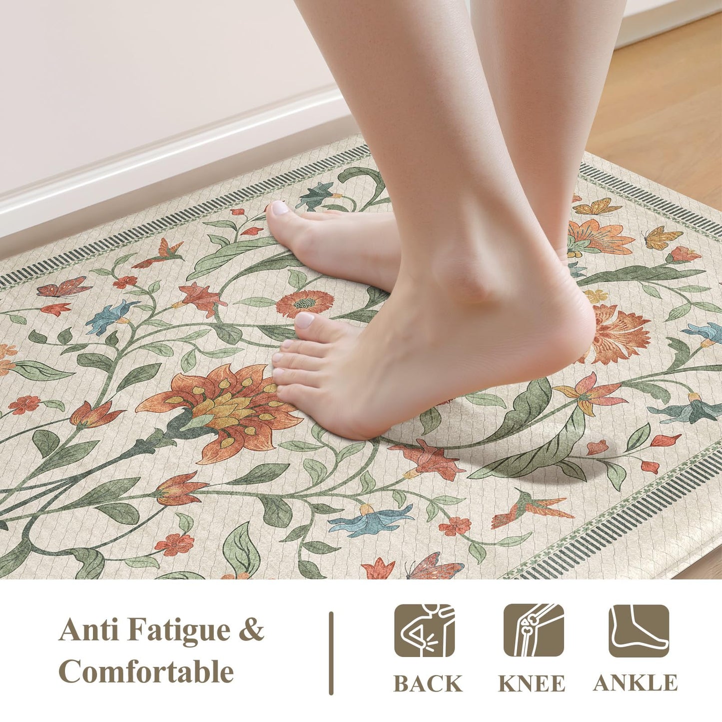 Collive Kitchen Mats for Floor, Cushioned Anti Fatigue Mat Floral Rugs 2 Piece Non Skid Waterproof Sink Rug, Memory Foam Comfort Standing Mat for Office, Laundry, Desk, 17.3"x29"+17.3"x47", Beige