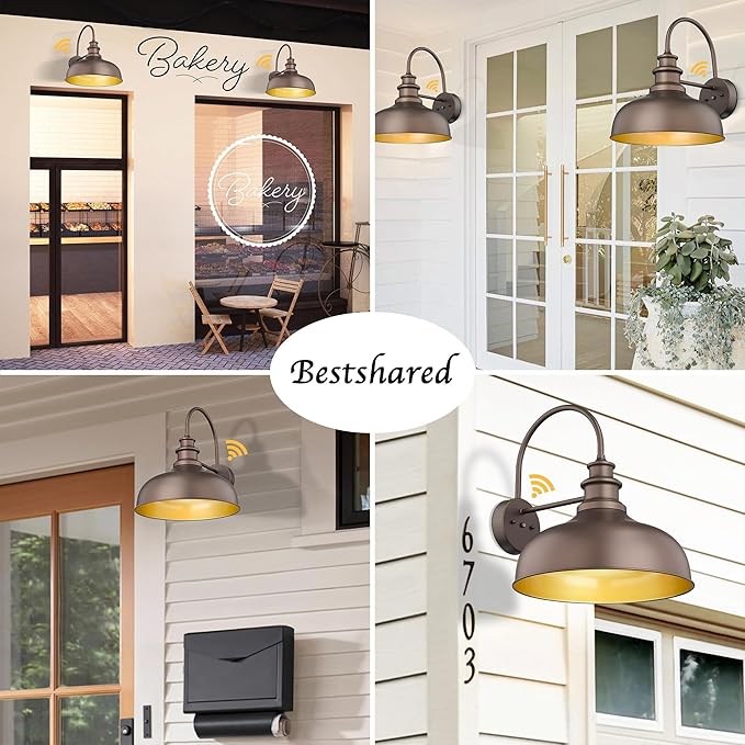 Bestshared 16 Inch Dome Large Dusk to Dawn Gooseneck Barn Light Anti-Rust Farmhouse Outdoor Wall Sconce Industrial Outdoor Wall Lights Exterior Lighting Fixture,Garage Lamp(ORB+Gold, 16” Dome-1Pack)