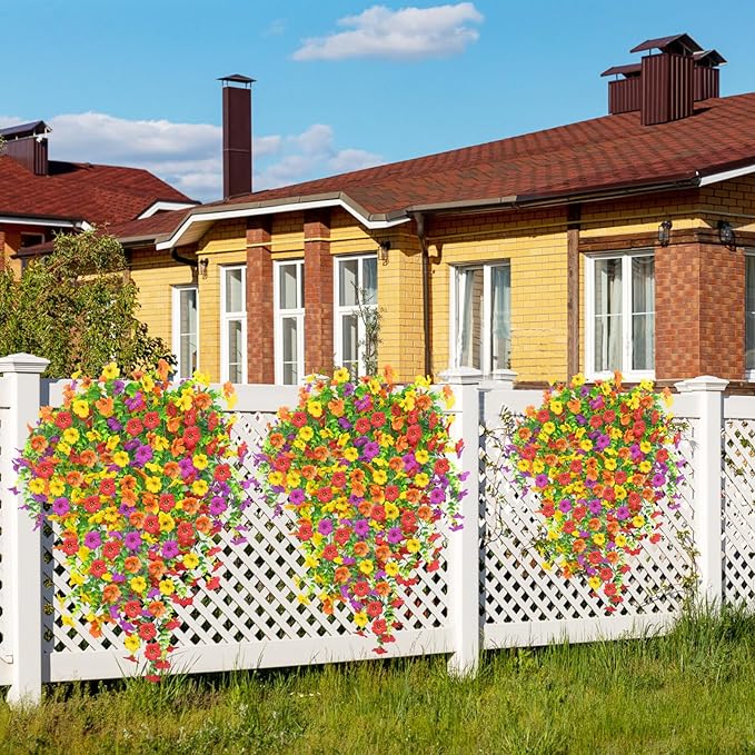 DOUBFIVSY Artificial Hanging Flowers for Outdoors, 4 Pcs Fake Hanging Plant Spring Summer Decor, UV Resistant Waterproof No Fade Faux Flower for Front Door Porch Patio Planter Garden (Mixed Color)