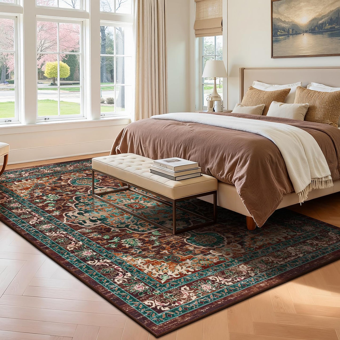 U'Artlines Boho Vintage Area Rug 5x7 Machine Washable Low Pile Ultra-Thin Soft Floor Carpet Non Slip Non Shedding Accent Rug for Living Room Bedroom Entryway Dining Room Office(Rust＆Teal)