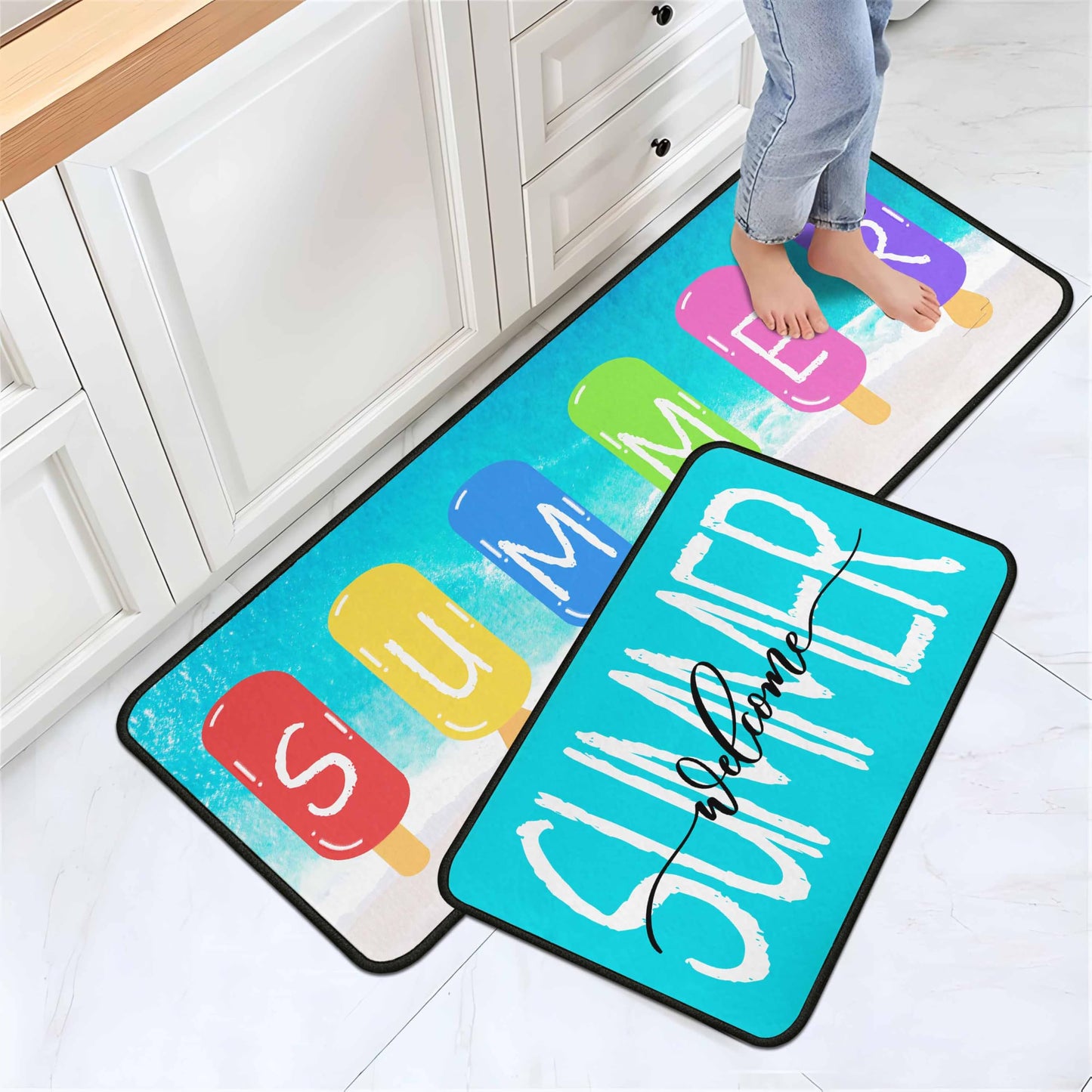 Lumiprinta Summer Blue Kitchen Rugs and Mats Set of 2, Seasonal Microfiber Washable Non-Slip Floor Mats for Home Kitchen Decor 17"x47"+17"x30"