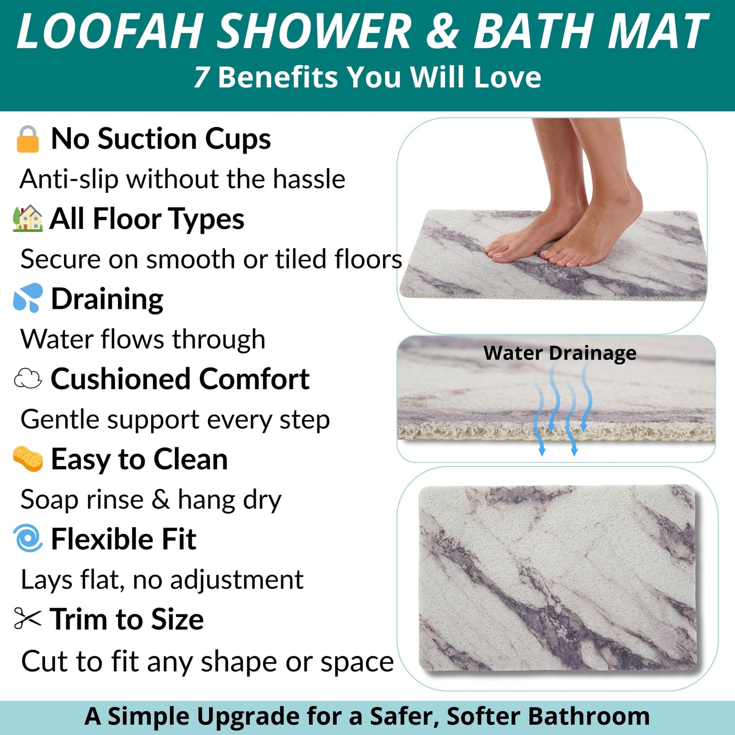 ENKOSI Loofah Non-Slip Shower and Bath Mat - Soft Cushioned Comfort - No Suction Cups for Smooth or Textured Tubs - Fast Draining - Safety for Bathroom, Family, and Elderly (24x16 Marble Grey)