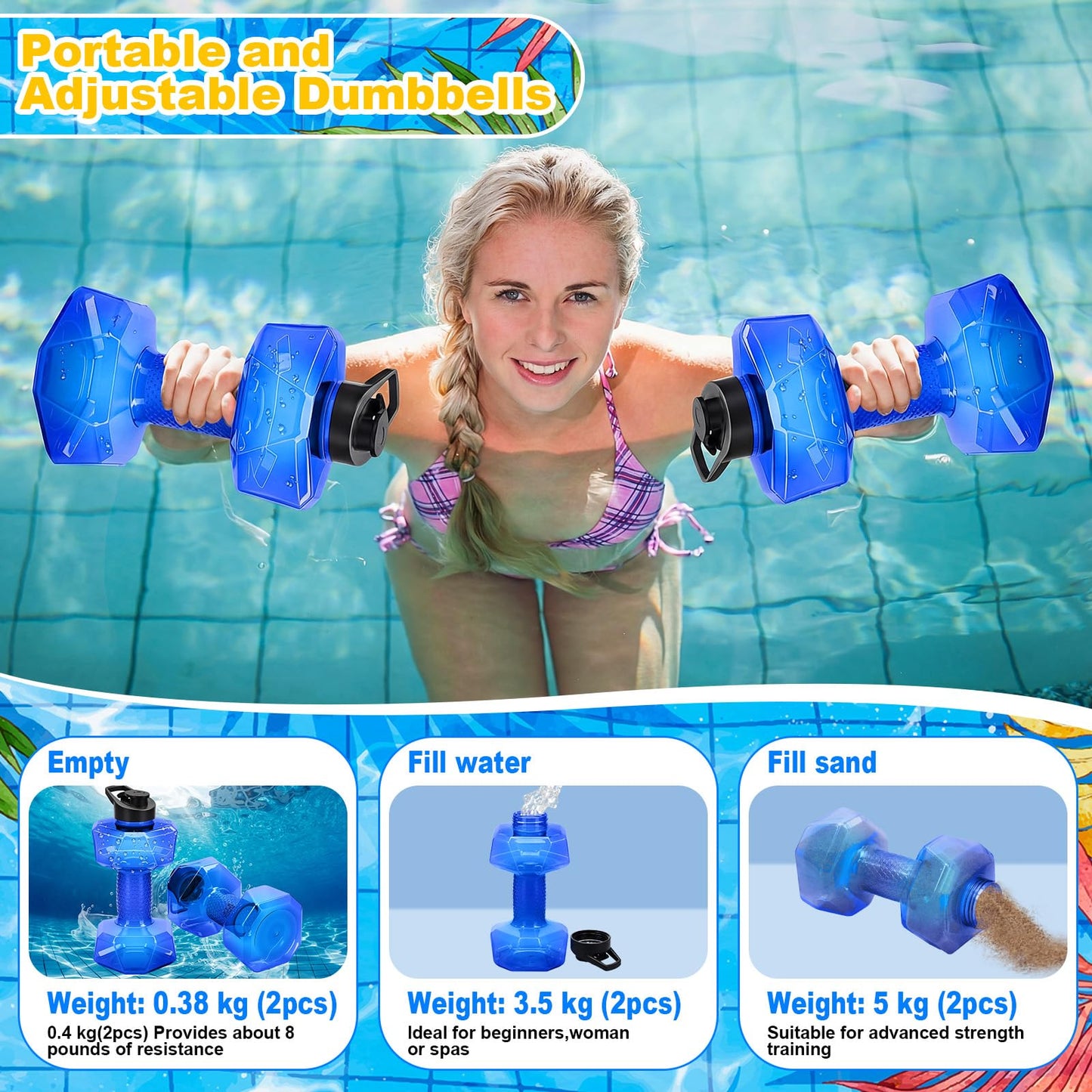 Arrowbash 4 Pcs Water Weights for Pool Exercise Aquatic Exercise Dumbbells with Non Slip Handle Water Dumbbells Set Adjustable Fitness Aerobics Equipment for Arm Toning Aqua Therapy Weight Loss