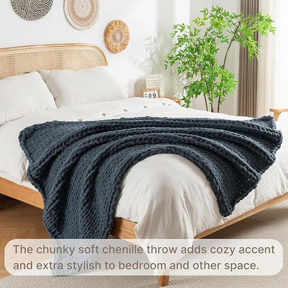Chunky Knit Blanket Throw, 100% Hand Knit Throw Blanket Handmade Chenille Cable Knit Throw for Couch, Stylish Cozy Soft Rope Knot Crochet Blanket for Home Decor, Blue Mirage, 50x60 Inches