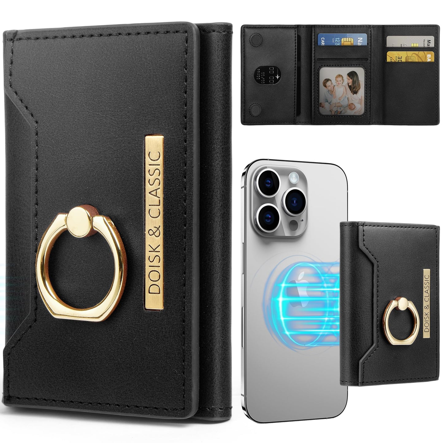 Hinpia for Magsafe Wallet, Magnetic Phone Wallet with Card Holder and Ring Grip for iPhone 16/15/14/13/12 Series and Cases, 6 Card Slots, RFID Blocking, Black