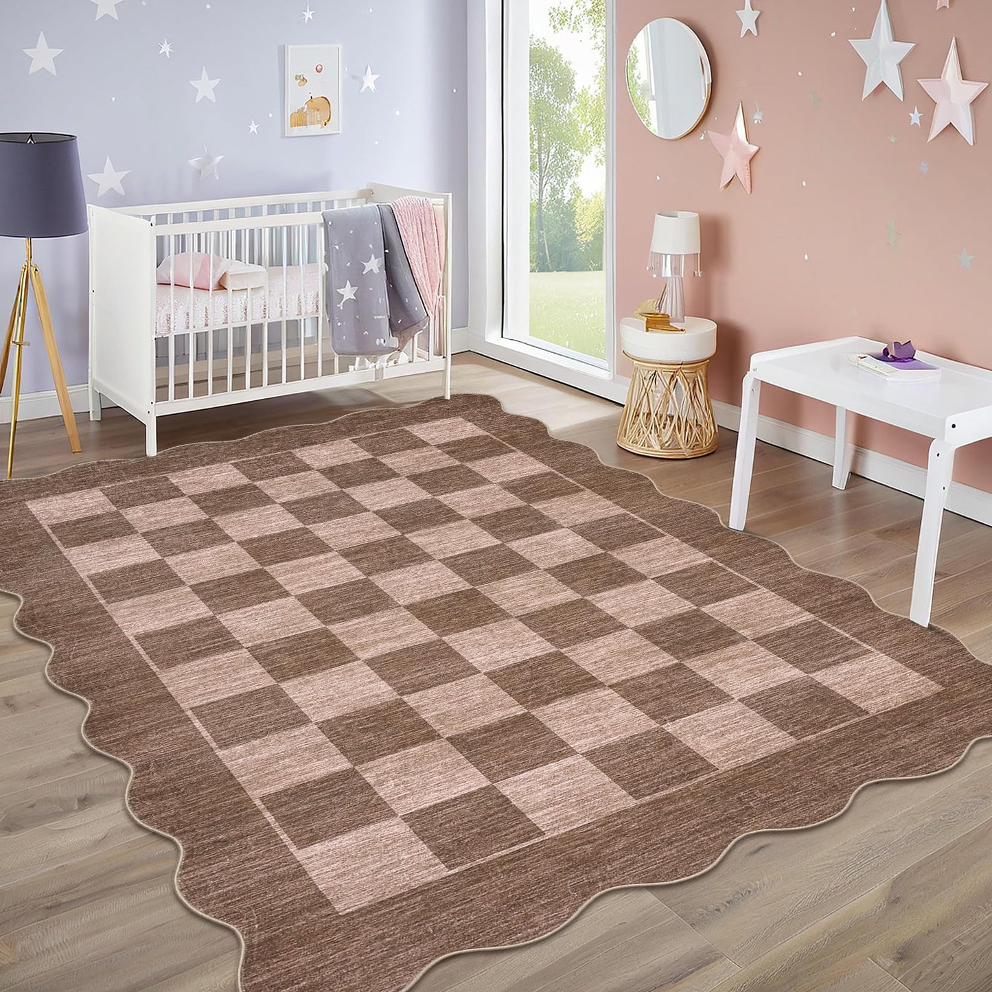 GarveeHome Scalloped Living Room Rug 8x10 Washable Area Rug for Dining Room Bedroom Low Pile Neutral Area Rugs Modern Checkedboard Farmhouse Floor Cover Brown