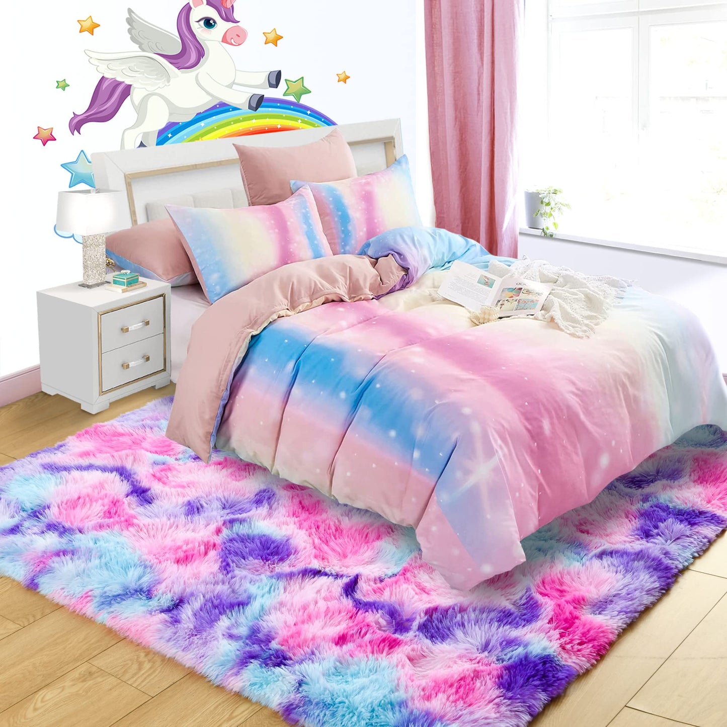 3x5 Tie-Dyed Pink Purple Blue Area Rug for Kids Entryway Kitchen, Fluffy Shag Soft Plush Furry Carpet, Non-Slip Indoor Floor Mat for Bathroom Living Room Bedroom Home Decor