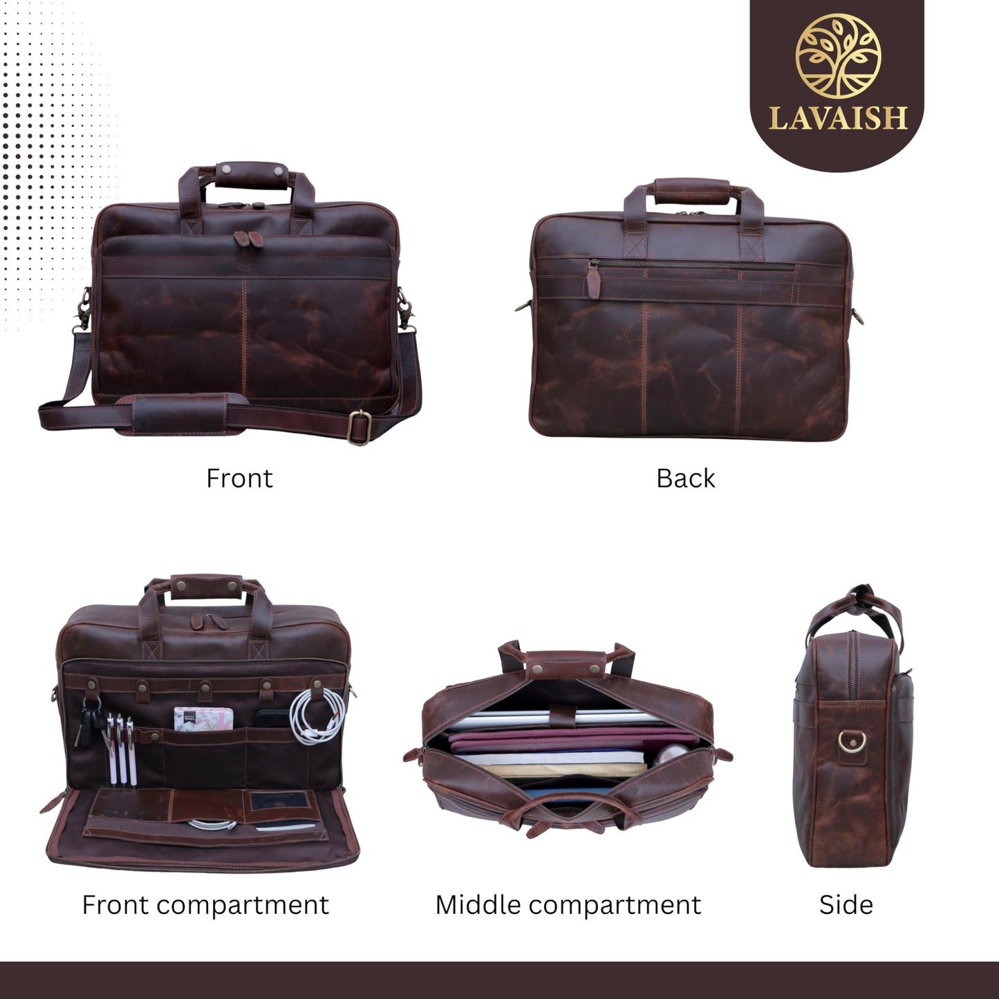 LAVAISH Full-Grain Leather Briefcase for Men & Women – 17 Inch Laptop Bag with Computer Compartment – Premium Leather Office Satchel, Business Messenger Bag, Work Bag for Professionals (Dark Brown)