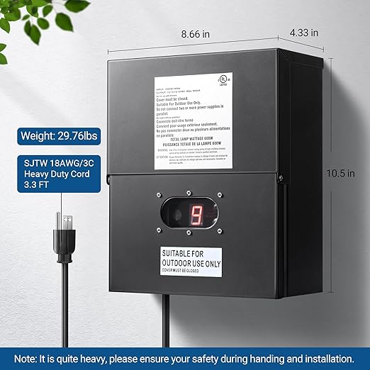 DEWENWILS 600W Low Voltage Landscape Transformer, Outdoor Weatherproof Transformer with Timer and Photocell Sensor, 120V AC to 12V/13V/14V/15V AC for LED Lighting, Walkway Light, cULus Listed