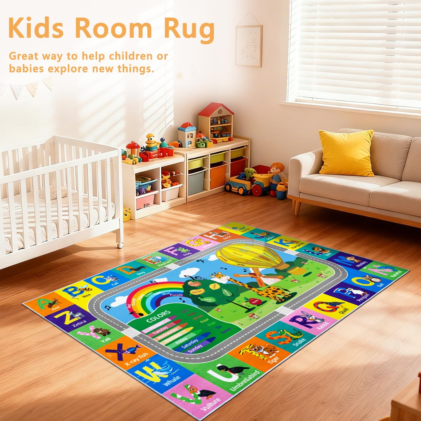 VSIWB Kids Rug for Playroom Educational ABC Rug Washable Play Mat Learning Alphabet Animals Numbers Non-Slip Soft Kids Carpet for Baby Toddler Classroom Nursery Bedroom Decor 3x5