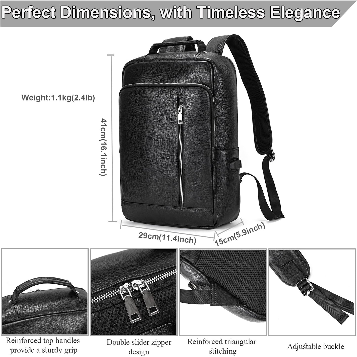 Yevabo Genuine Leather 15.6 Inch Laptop Backpack for Men, Multi Pocket Slim Daypack Shoulder Bag with Trolley Sleeve for Business Travel (Black)