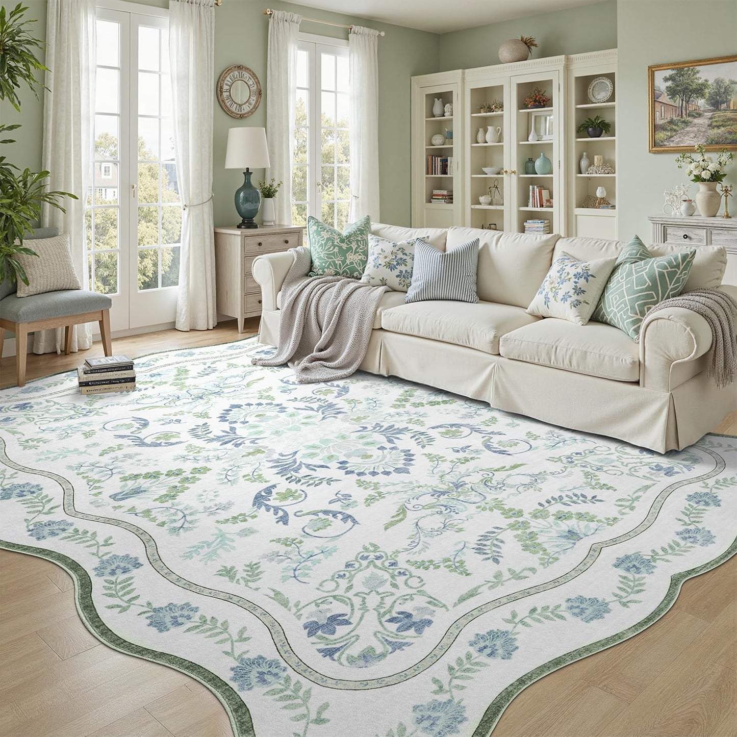 DCX Green and Blue 9x12 Rug, Kid & Pet Friendly with Rubber Back Non Slip, Washable Stain Resistant Botanical Scalloped Rug for Living Room, Bedroom, Soft Low Pile Large Nursery Carpet