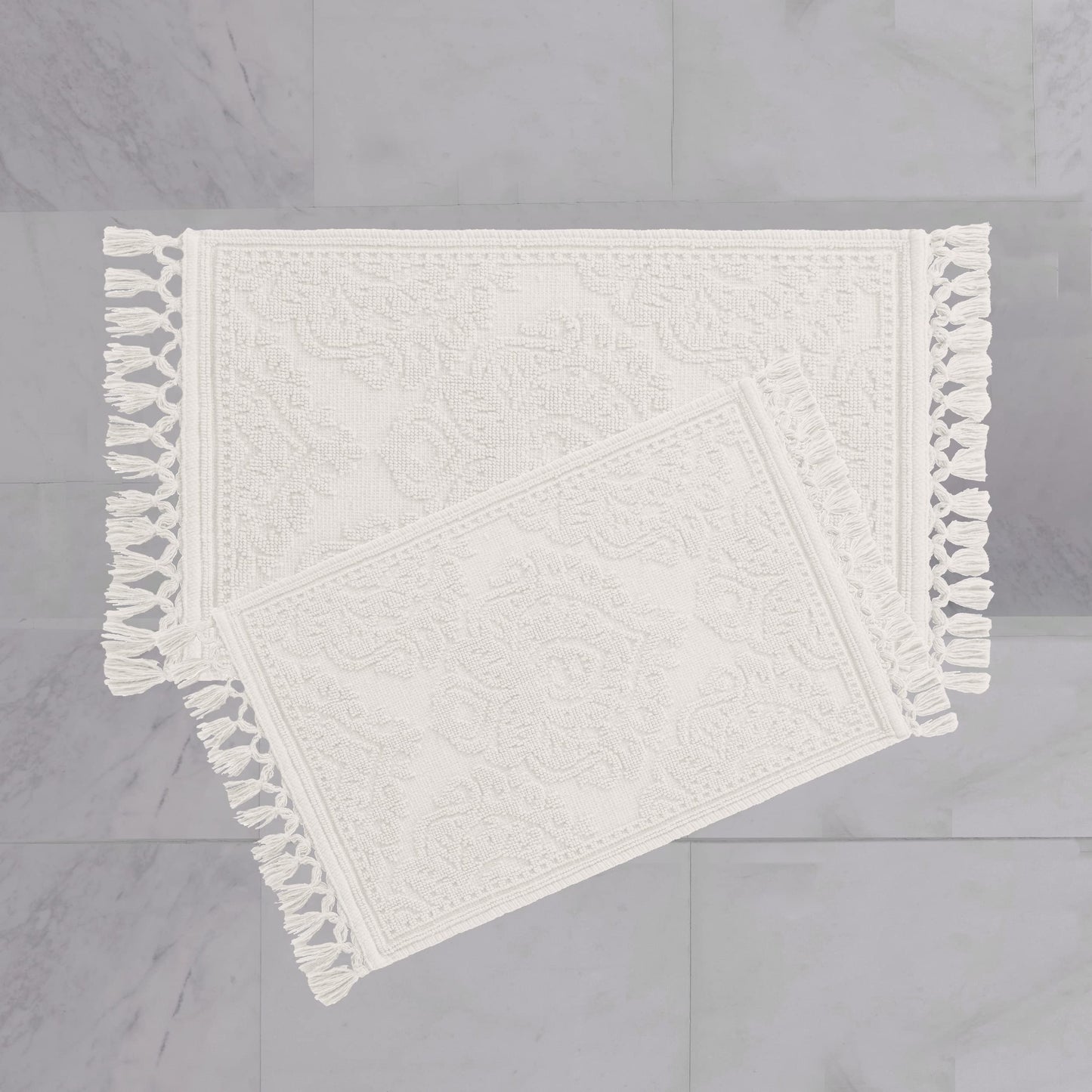 Jean Pierre - Ricardo Bath Mats, Set of 2 Woven Fringe Bathroom Rugs, 100% Cotton, Premium Bathroom Decor - Measures 17" x 31" and 21" x 41" - White