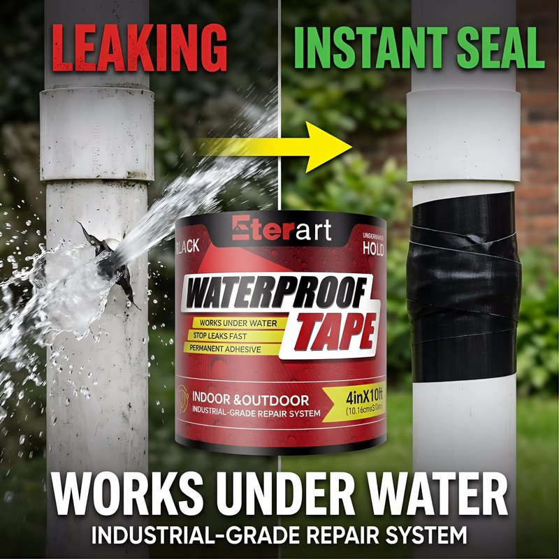 Waterproof Tape Black 4 Inch x 10 FT - Heavy Duty Rubberized Seal Repair for Active Leaks - Fix Roofs, Underwater Pool Liners & Pipes - All-Weather Emergency Patch Tool for Homeowners & Campers