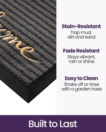 DEXI Front Door Mat Outside Entrance, 2x3 ft Rubber Entry Doormat Heavy Duty, Non Slip Welcome Mats for Inside House Floor Entryway Exterior Patio, Welcome Grey