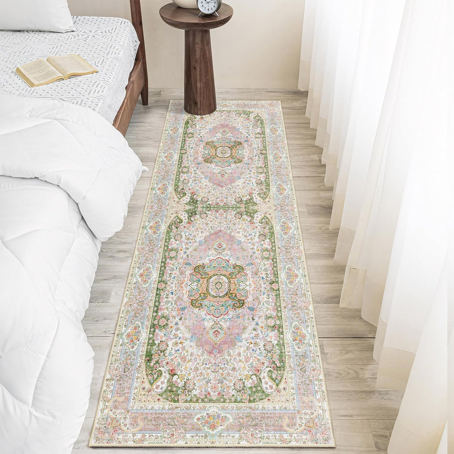 Castage Washable Runner Rug 2x6,Pink Rug Runners Non Slip,Long Boho Rugs for Hallways Kitchen Bedroom Entryway Living Room Bathroom,Vintage Bohemian Distressed Floor Carpet,Blush Green