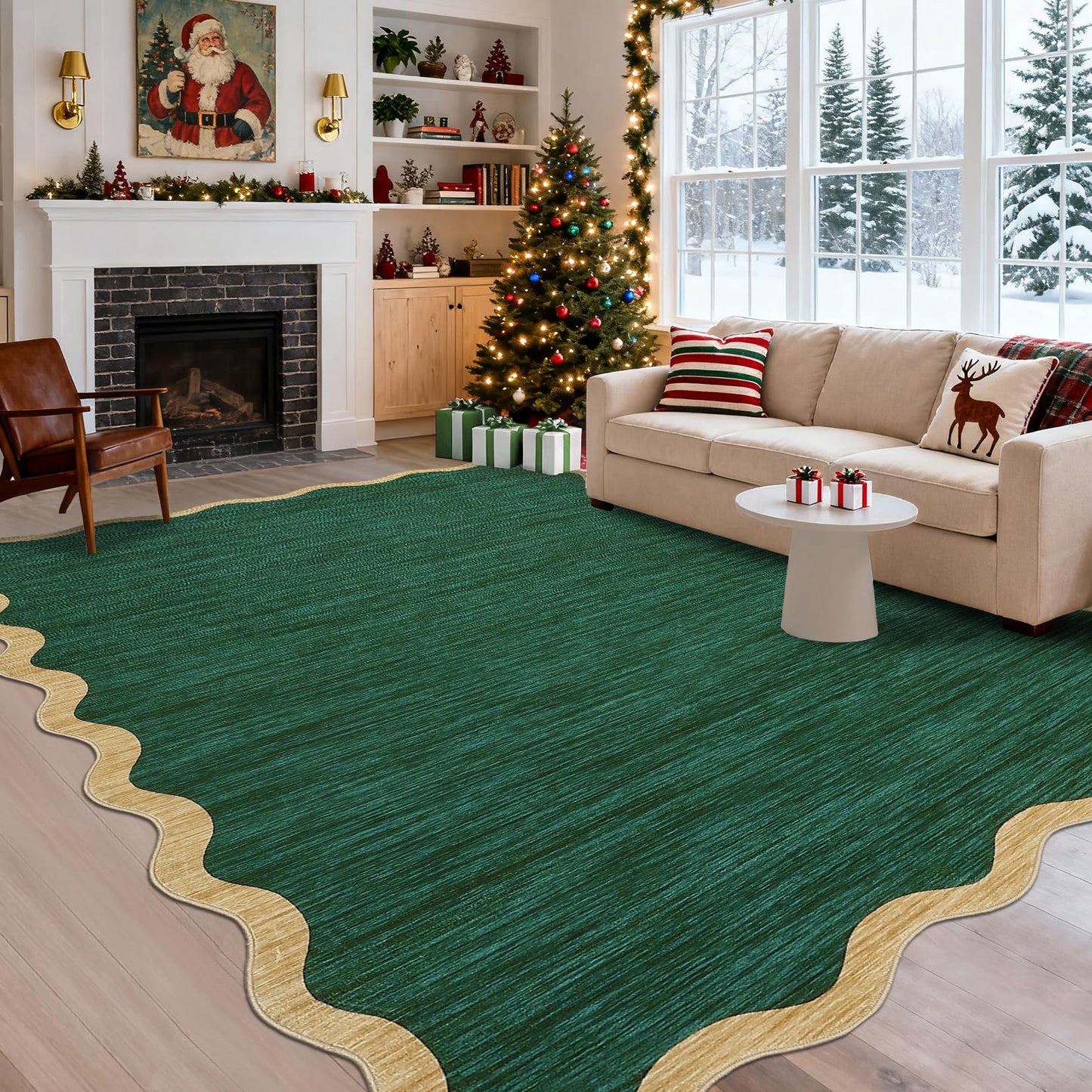 GarveeHome Washable Rug 9x12 Area Rug for Bedroom Farmhouse Scalloped Living Room Rug Non Slip Large Area Rug Low Pile Throw Rugs Stain Resistant Carpet for Dining Room, Green 9 ft x12 ft