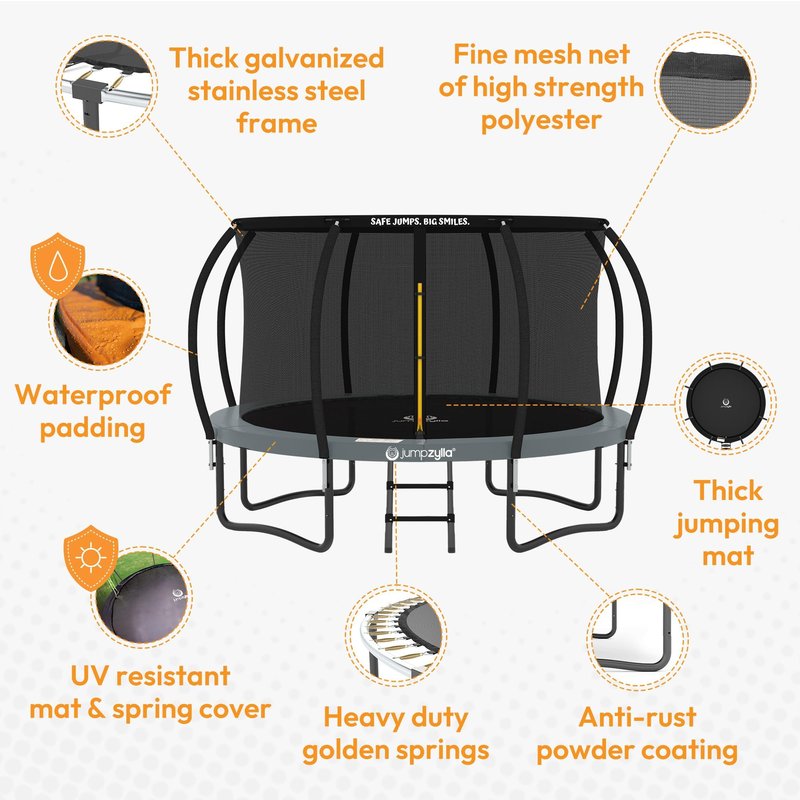 JUMPZYLLA Trampoline Outdoor 8FT 10FT 12FT 14FT 15FT 16FT with Enclosure, Non-Slip Ladder & Anti-Rust Coated Frame, ASTM Approved Recreational Backyard Large Trampoline with Net for Kids & Adults