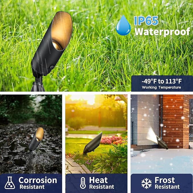 Gardenreet 12V Spot Lights Solid Brass - Outdoor Low Voltage Landscape Spotlight, Wired LED Uplights Waterproof, Stretchable Shroud Bronze for Patio Wall with 4000K Bright White MR16 Bulb (6 Pack)