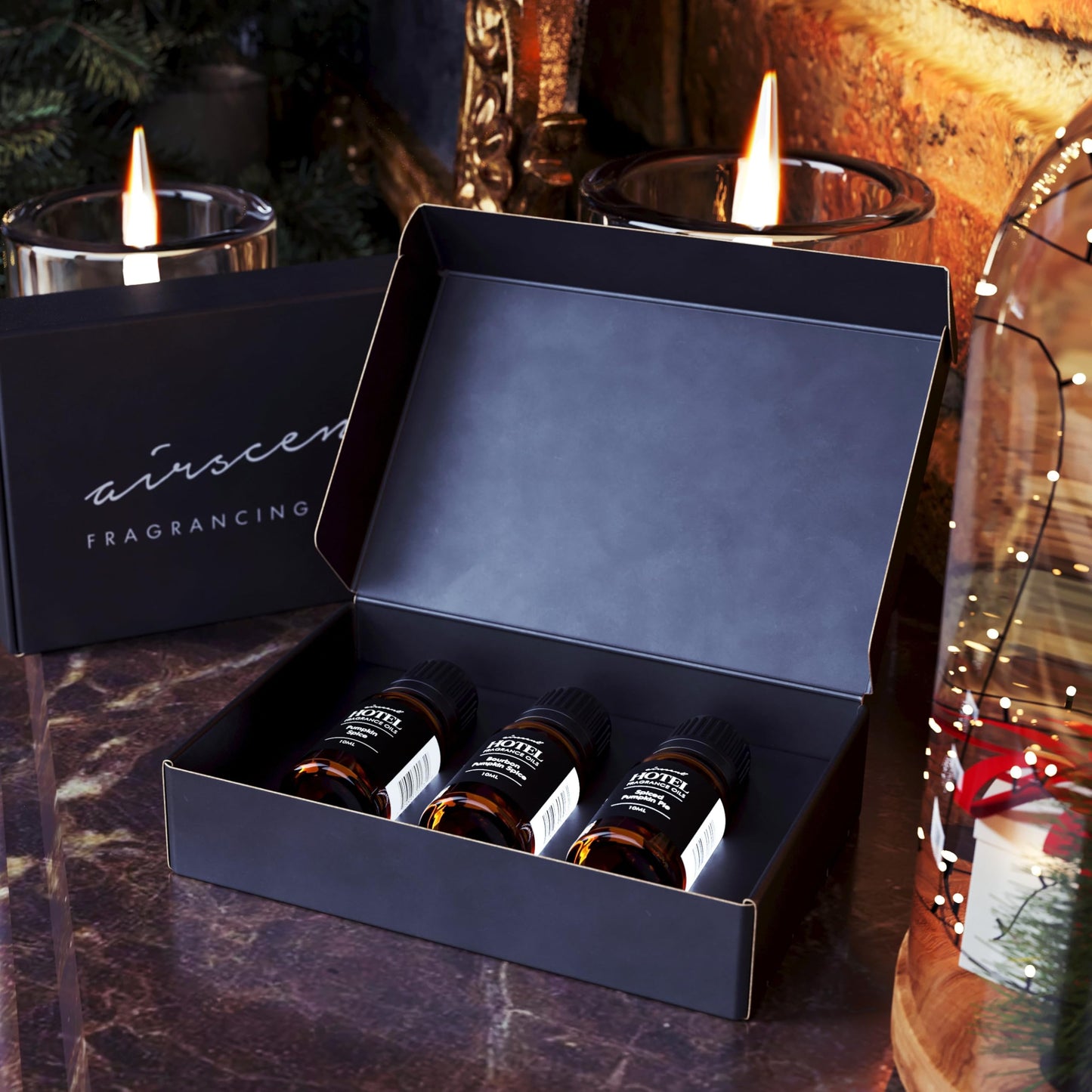 AirScent Holiday Scents Christmas Diffuser Oil 3 Pack Gift Set - 10 mL, 0.34 fl oz Fragrance Oil Set - Bourbon Pumpkin Spice, Christmas Wreath and Fireside Spiced Cider Scents