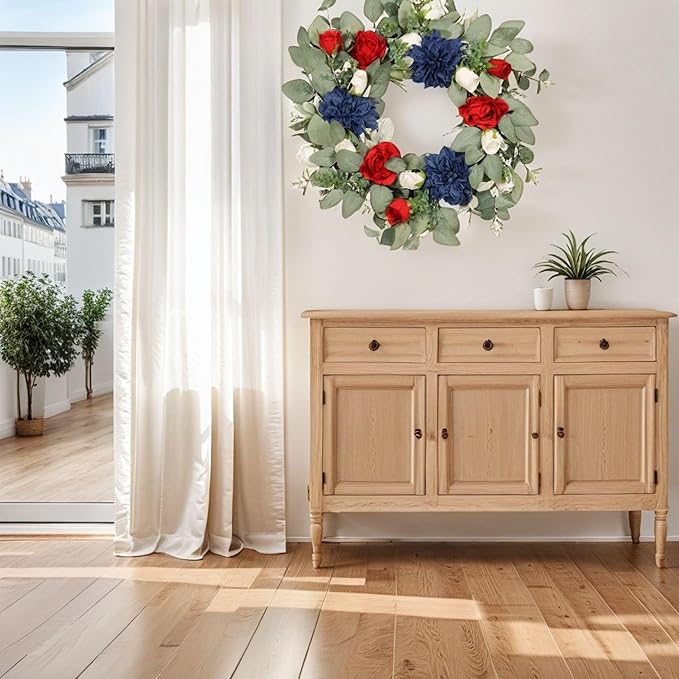 22IN Spring Summer Wreath Patriotic Wreath with Dahlia, Peony, Eucalyptus Leaves. Ivy for Front Door Wall Decor Indoor Outdoor
