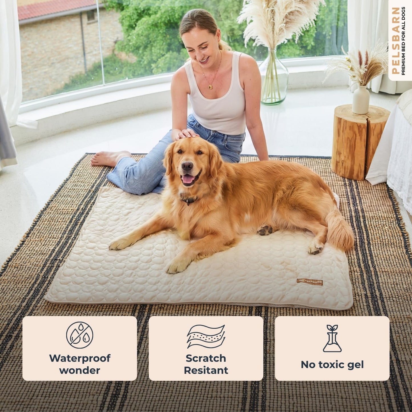 Pelsbarn Dog Cooling Mat- Ice Silk Summer Comfort, Self Cooling, Non-Slip Dog Pad, Durable & Washable, Mat for Extra Large Dogs 33 x 45, Support Shelter Dogs with Every Purchase (Beige)