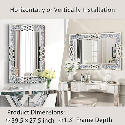 ENENE Crystal Crush Diamond Wall Mirror 39.5''x 27.5'' Rectangle Silver Mirrors for Wall Decorative Large Wall Mirrors for Bathroom Living Room Bedroom Entryway