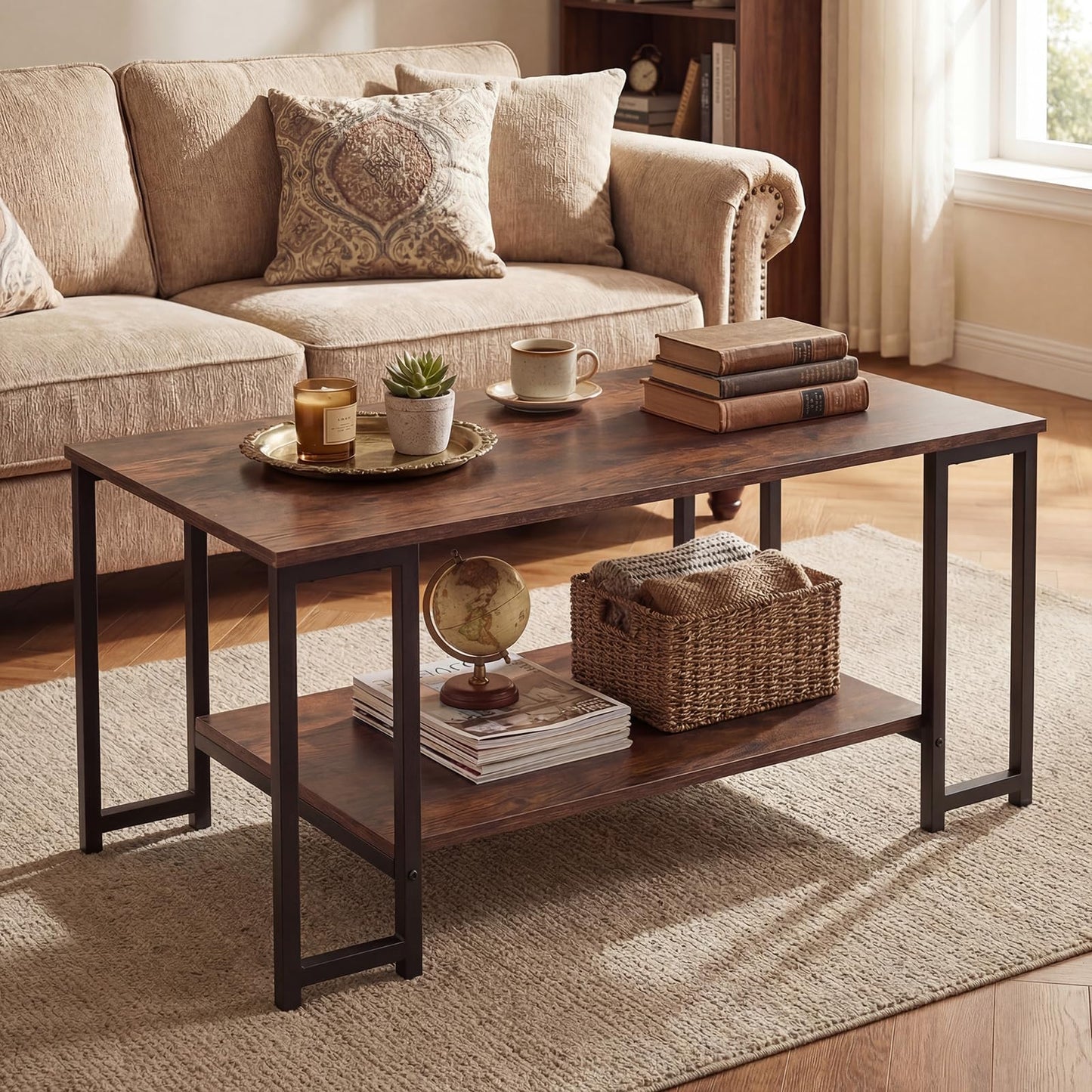 Giantex 2-Tier Coffee Table with Storage, 39.5" Rectangular Center Table with Heavy-Duty Metal Frame, Modern Accent Cocktail Table, Living Room Tables for Small Spaces (Rustic Brown)