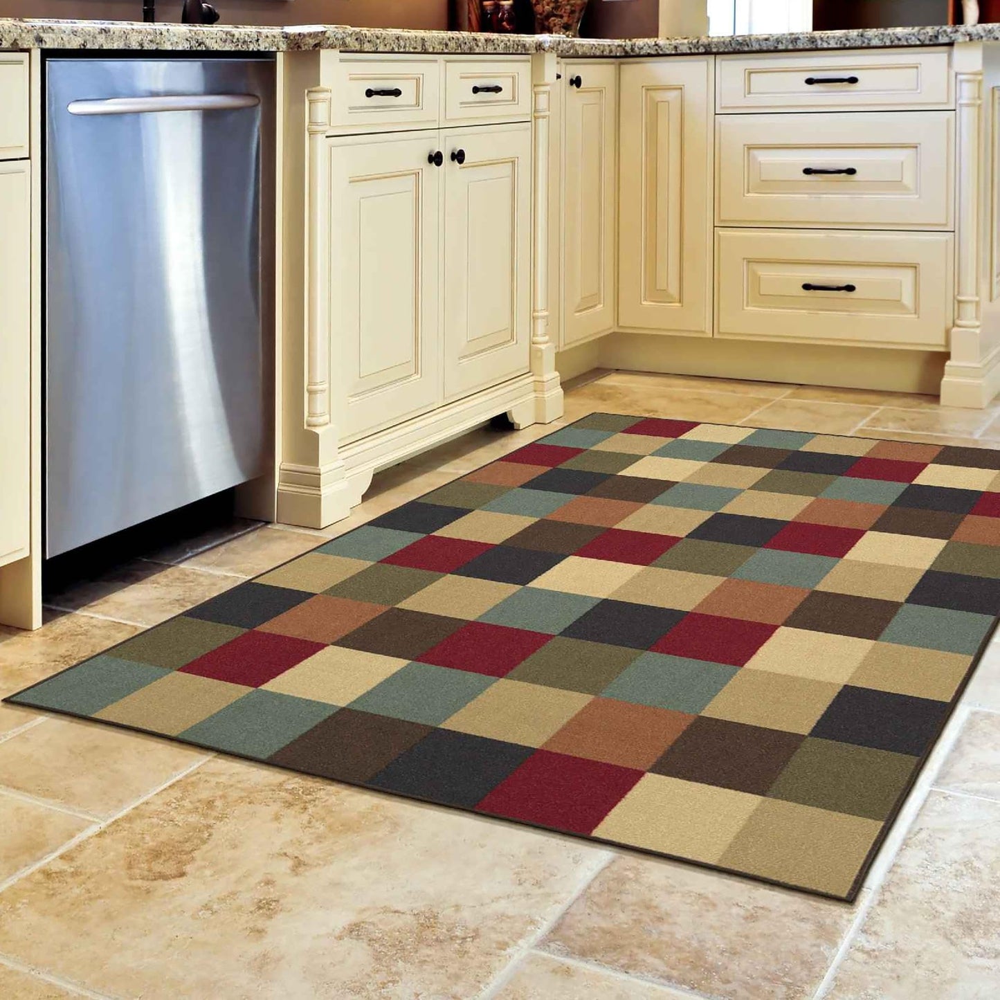 Ottomanson Accent Rug – Non Slip Low Pile Small Rug for Entryway, Bedroom, Bedside & Coffee Table Areas, 2'7" x 4', Checkered Multicolor