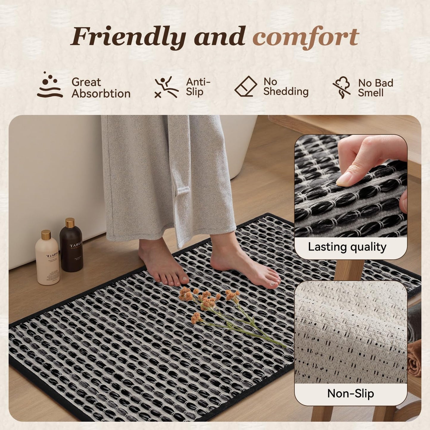 AMOAMI Unique Woven Bath Mat, Super Absorbent Non Slip Bath Mats for Bathroom Floor Textured Bathroom Mat Quick Dry Washable Bath Rug Boho Thin Rugs for Bathroom Beside Tub, 20" x 32", Black