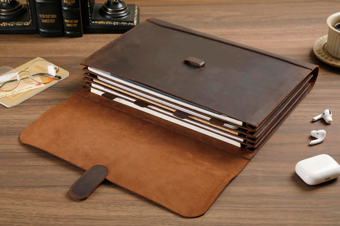 Genuine Leather File Folder, Accordian File Organizer, Leather Document Holder Resume Folio for Men & Women - Dark Brown