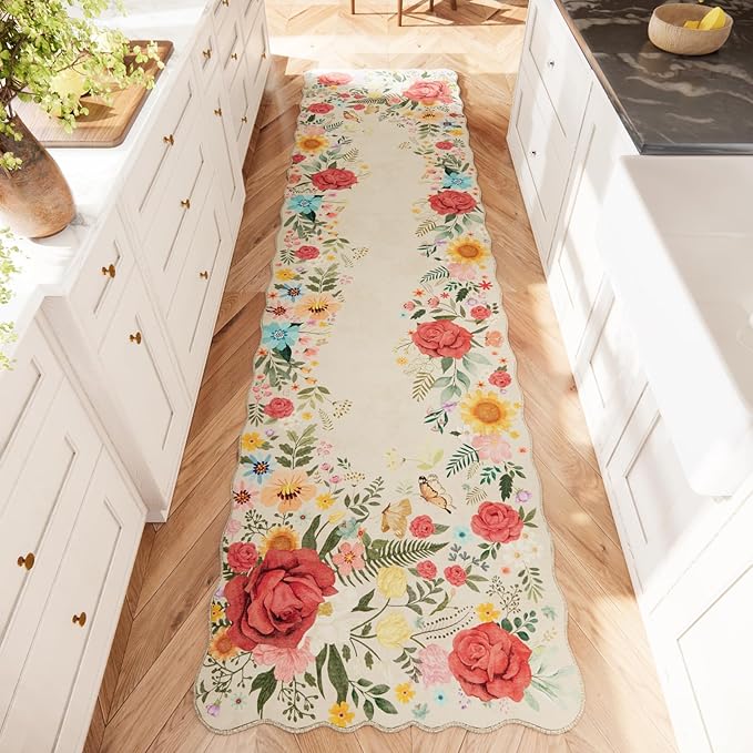 Kitchen Rug Runners for Hallways: 2'6''x10' Washable Runner Rugs for Kitchen Ultra Thin Stain Resistant Non Slip Low Pile Lightweight Vintage Floral Carpet for Farmhouse Decor (Beige)