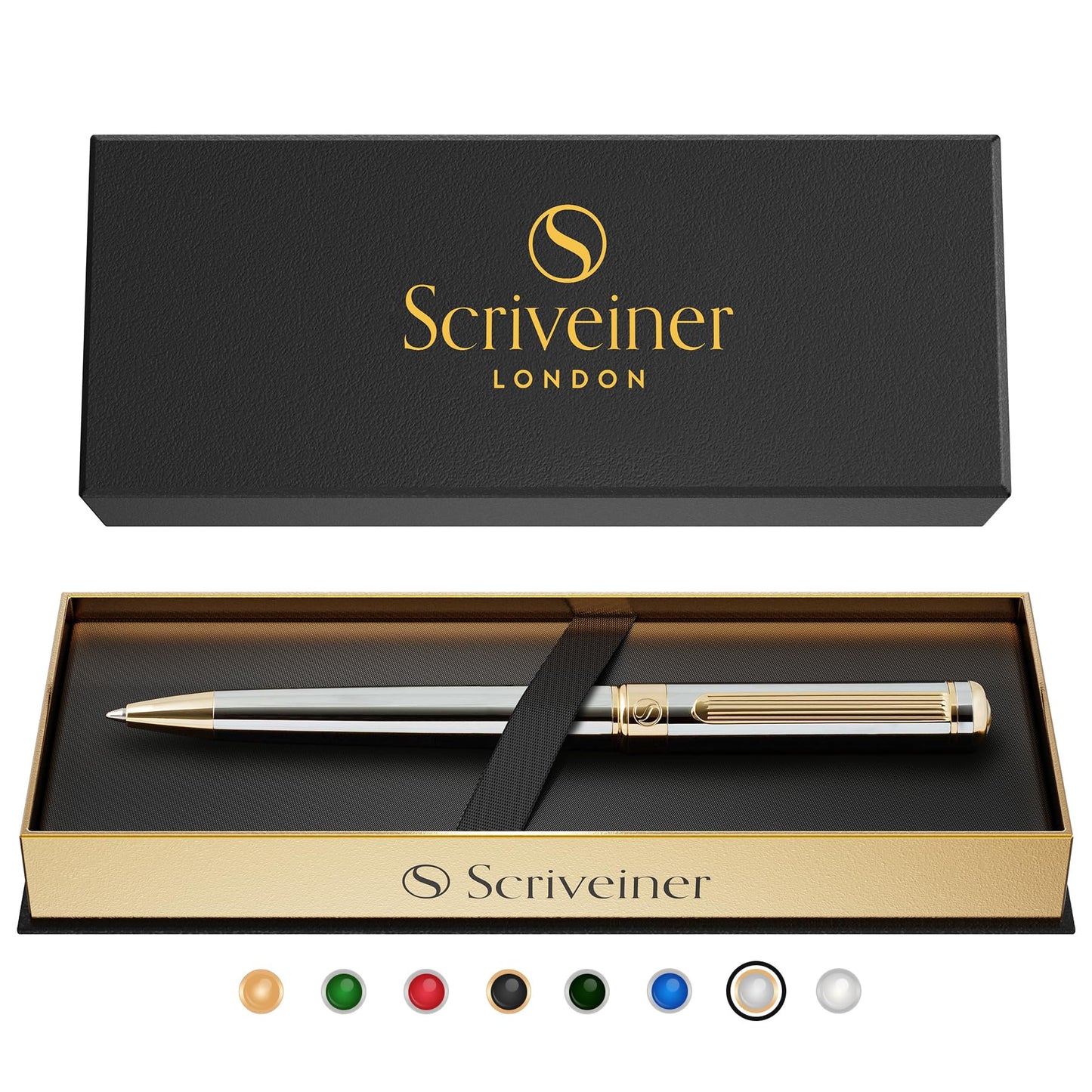 Scriveiner Silver Chrome Ballpoint Pen - Stunning Luxury Pen, Real Gold Plating, Schmidt Black Refill, Best Ball Pen Gift Set for Men & Women, Professional, Executive, Office, Nice, Fancy Pens