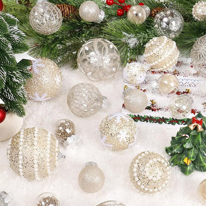 Super Holiday Christmas Ball Ornaments, 33PCS Champagne Clear Shatterproof Plastic Foam Ornaments Set for Hanging Xmas Tree Holiday Thanksgiving Party Decor.